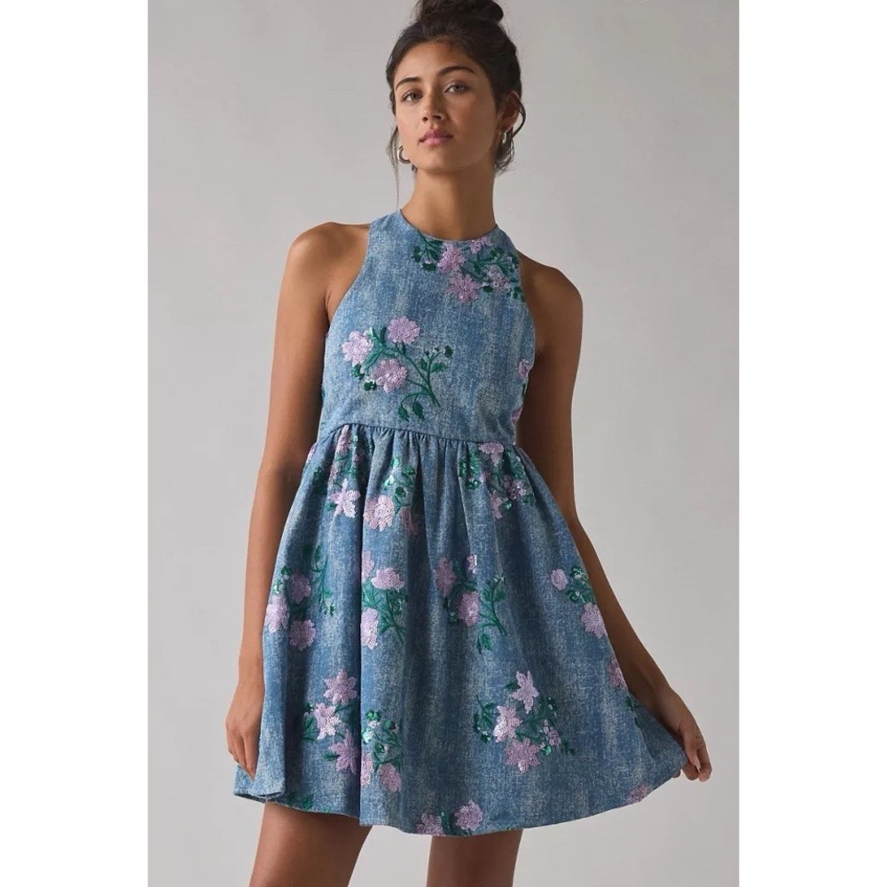 DREAM Sister Jane Floral Azul Sequined Embellished Mini Dress Sz S